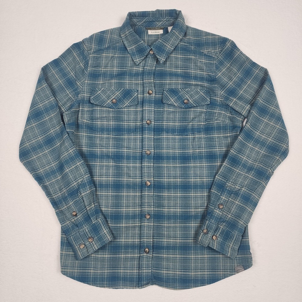 LL Bean Flannel Shirt Womens XS Blue Rugged Ridge Plaid Button Up Outdoor